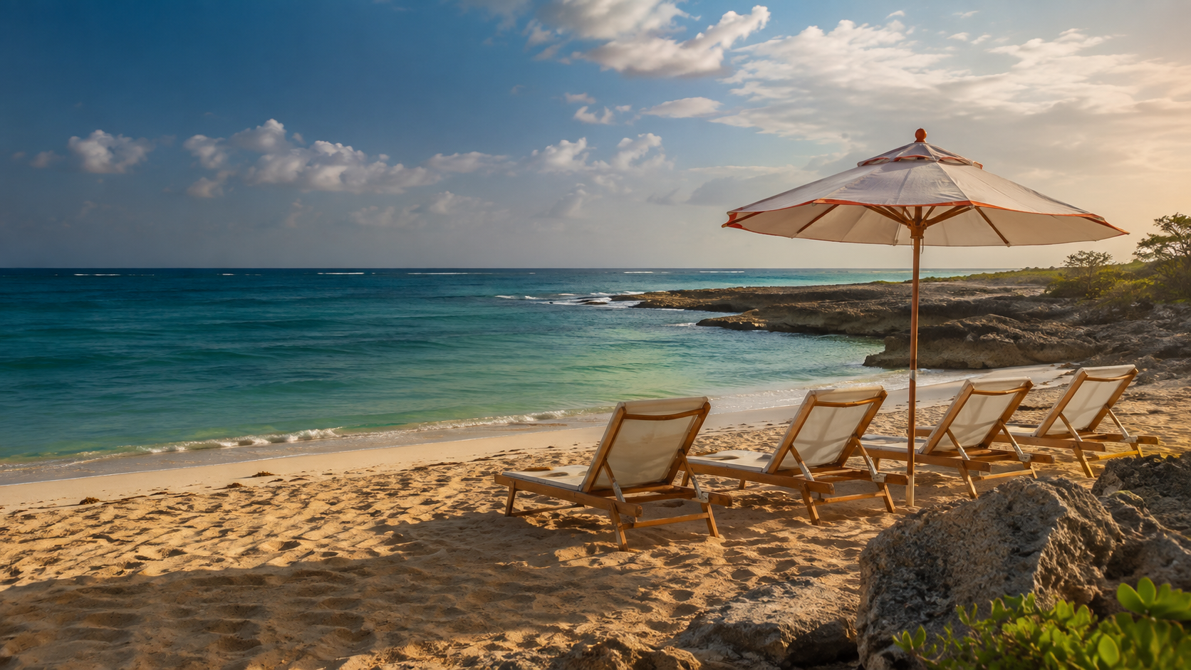 Beach chairs and an umbrella beside turquoise water at sunset